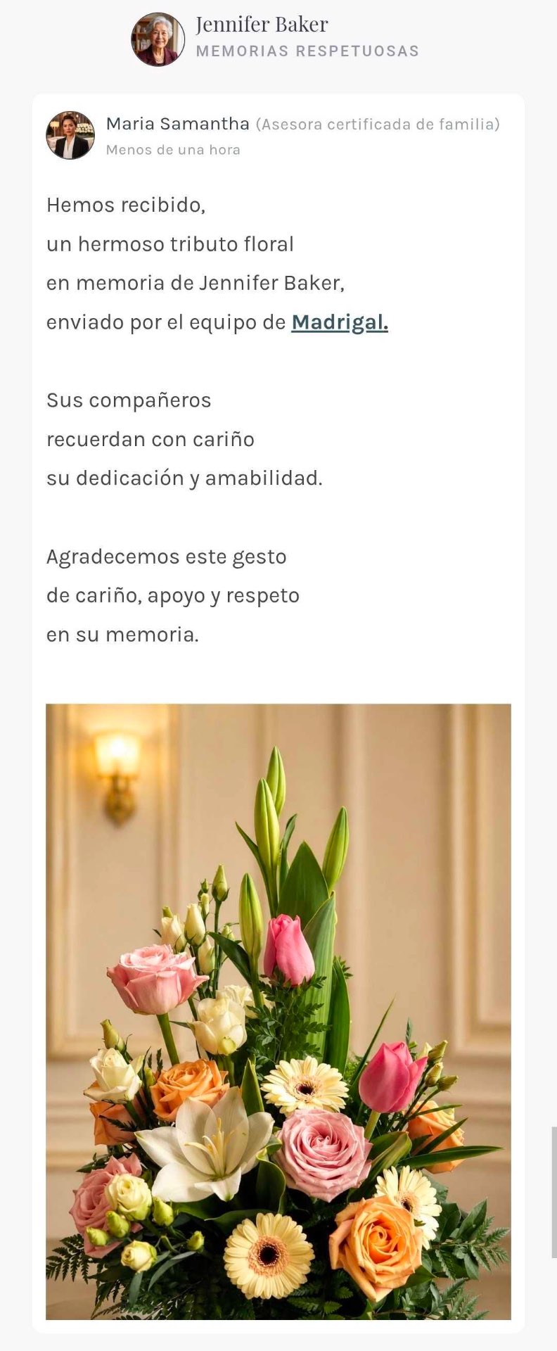 Captura de la plataforma mostrando un tributo floral publicado en el memorial digital